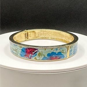 Blue Flower Enamel GoldTone Hinged Bangle Bracelet